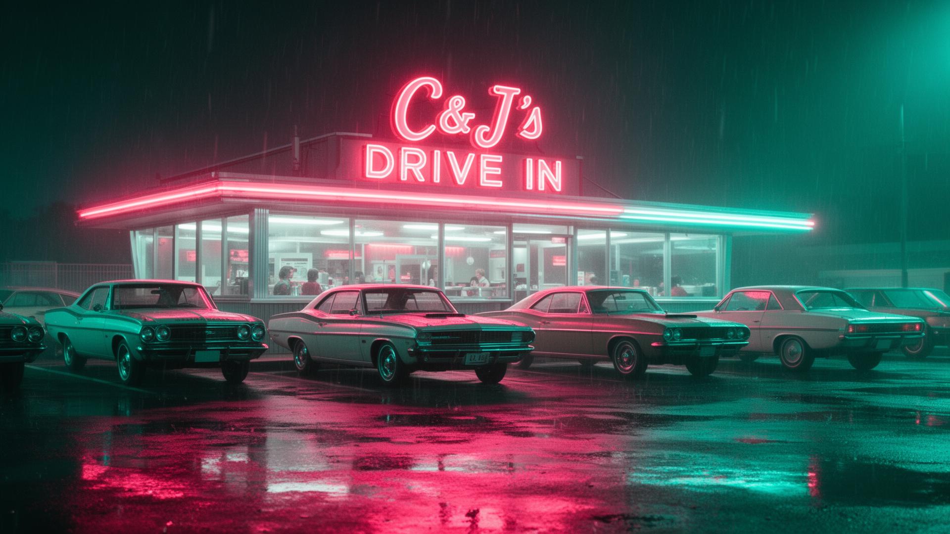 C&J's Drive In at night with neon glow and classic cars